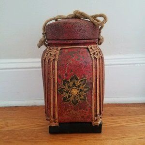 Asian Bamboo Red Hand-Painted Rice Box With Lid Decorative Use